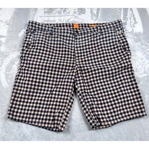 Hugo Boss Orange Shorts Mens No Size Tag (39) Black Tan Gingham Slim Fit Chino